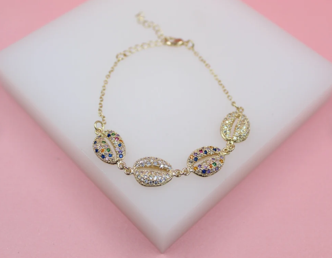 Multicolor Zirconia Puka Shell Charm Bracelet (I164)