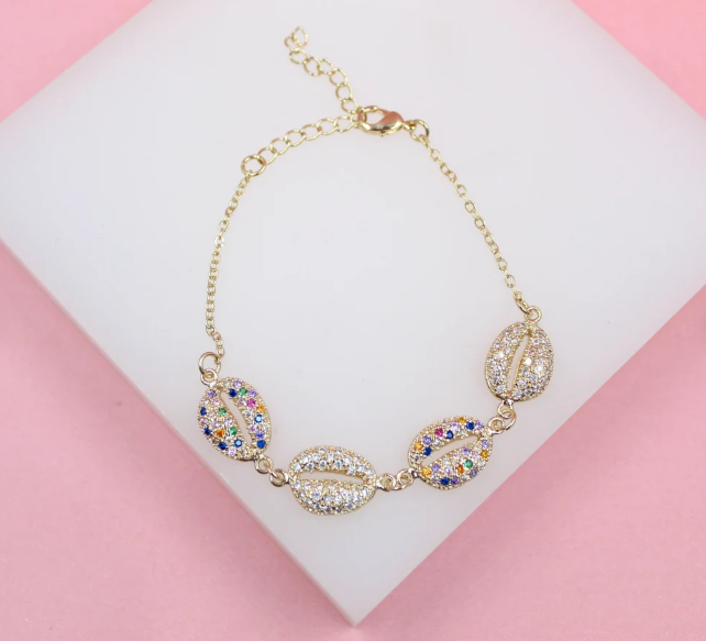 Multicolor Zirconia Puka Shell Charm Bracelet (I164)
