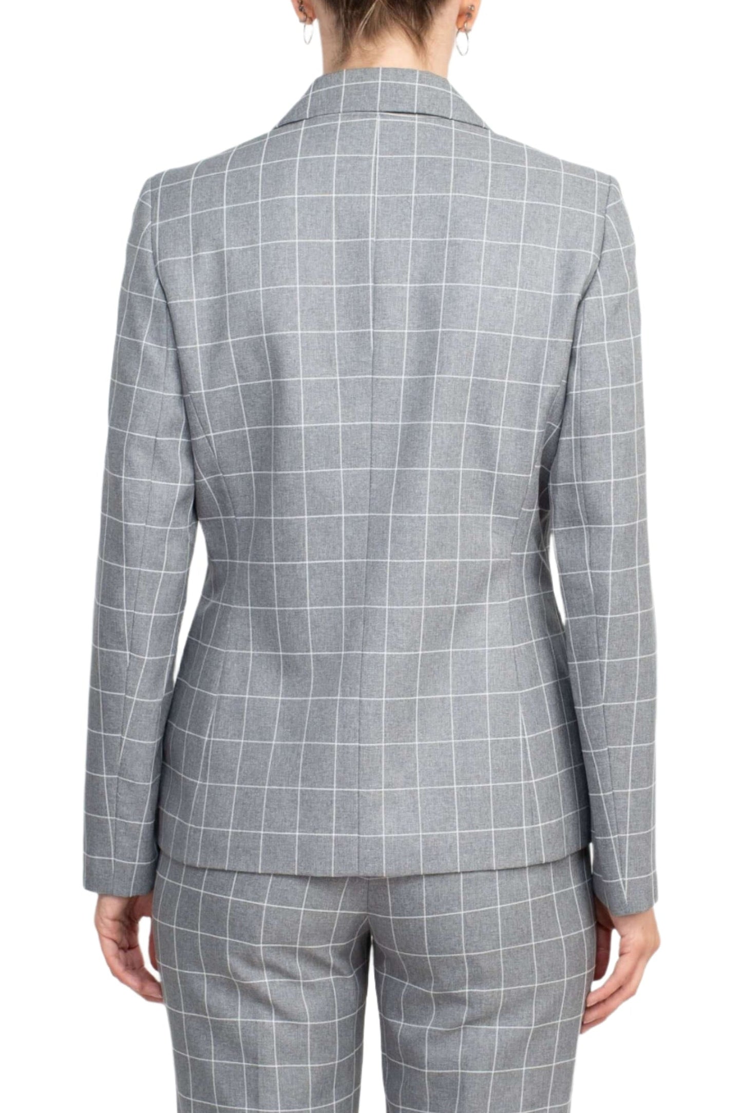 Le Suit Notched Collar 1 Button Tie Mélange Windowpane Jacket with Button Hook Zipper Closure Crepe Pants Suit (Two Piece Set)-3