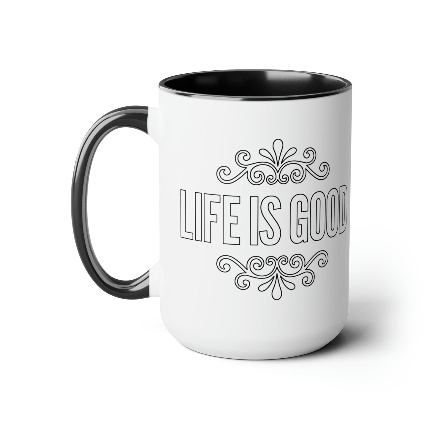 Ceramic Coffee Mug 15oz - Life is Good Black Outline Graphic Illustration