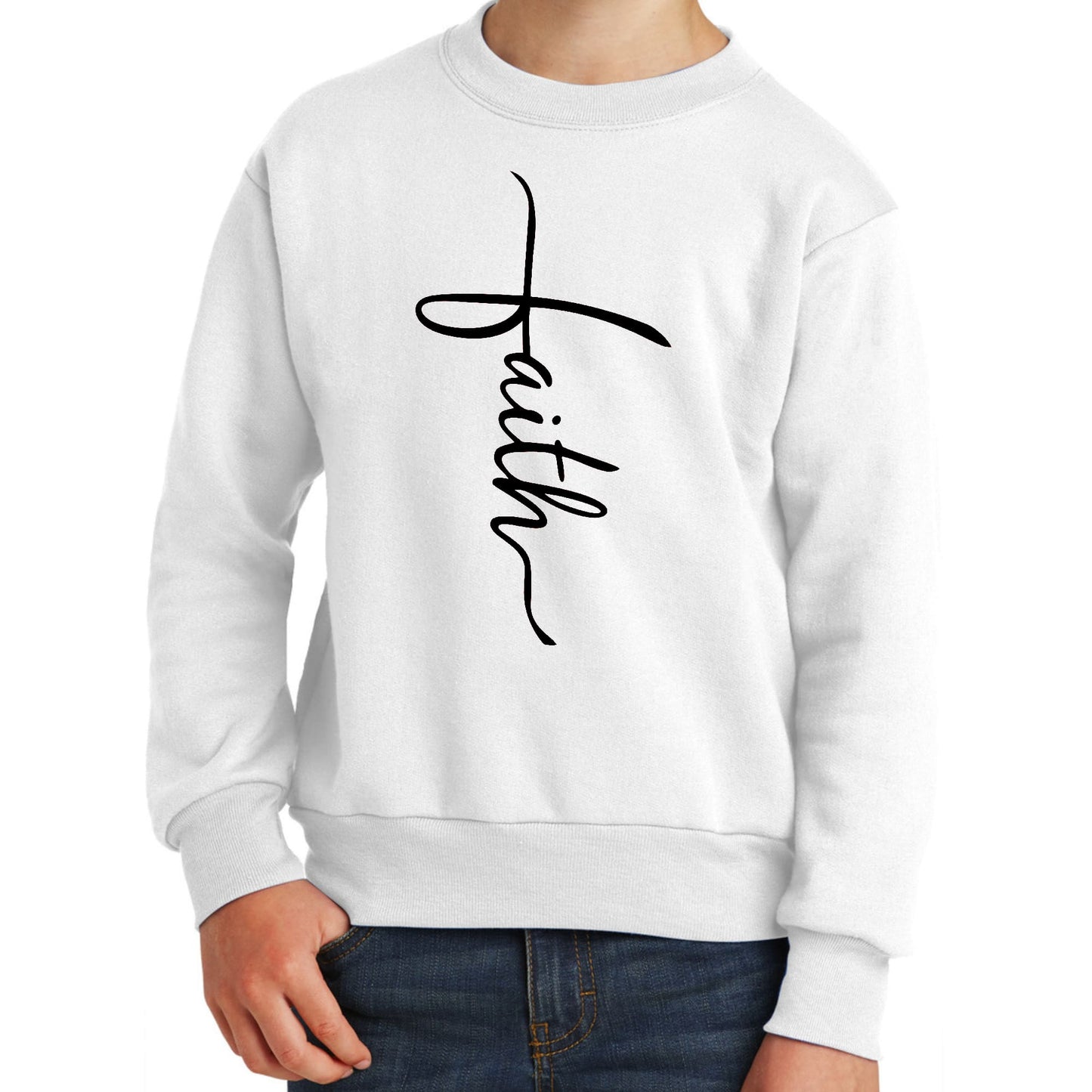 Youth Graphic Sweatshirt Faith Script Cross Black Illustration