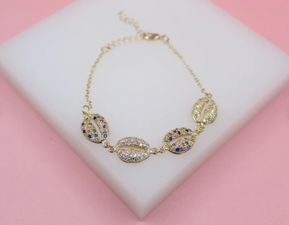 Multicolor Zirconia Puka Shell Charm Bracelet (I164)