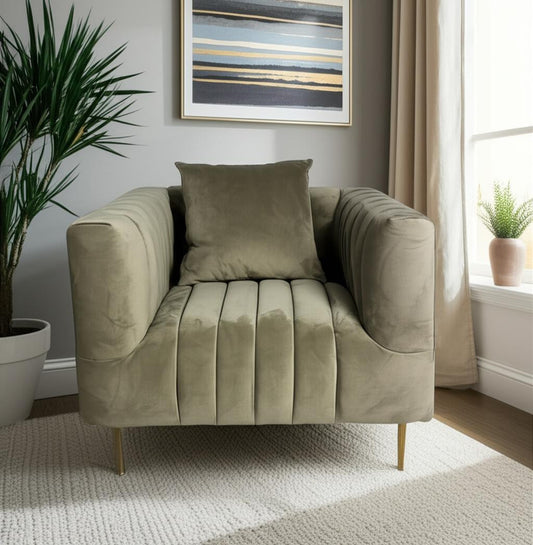 37" Beige Velvet And Gold Solid Color Lounge Chair-0
