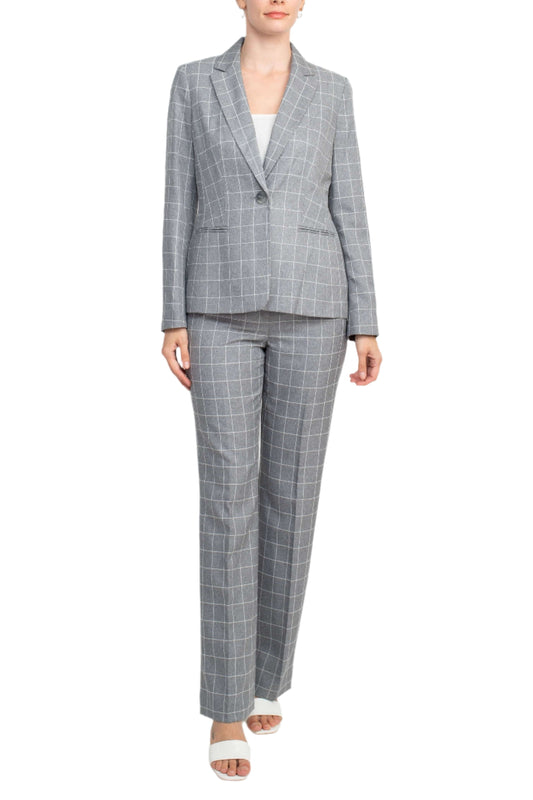 Le Suit Notched Collar 1 Button Tie Mélange Windowpane Jacket with Button Hook Zipper Closure Crepe Pants Suit (Two Piece Set)-0