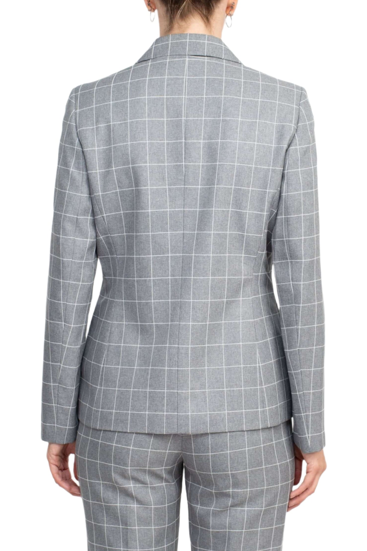 Le Suit Notched Collar 1 Button Tie Mélange Windowpane Jacket with Button Hook Zipper Closure Crepe Pants Suit (Two Piece Set)-3