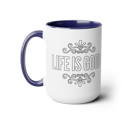 Ceramic Coffee Mug 15oz - Life is Good Black Outline Graphic Illustration