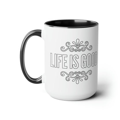 Ceramic Coffee Mug 15oz - Life is Good Black Outline Graphic Illustration