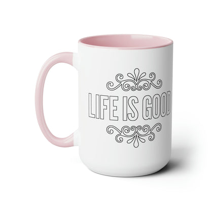 Ceramic Coffee Mug 15oz - Life is Good Black Outline Graphic Illustration