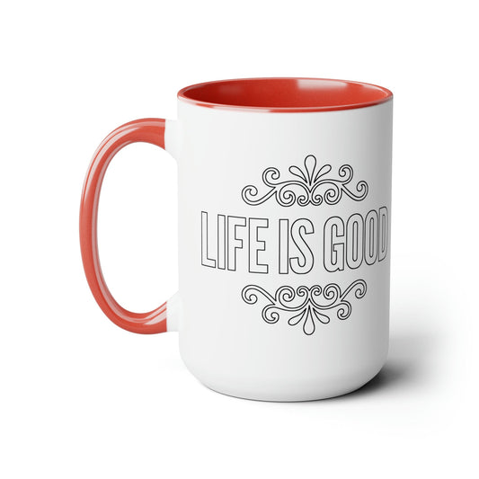 Ceramic Coffee Mug 15oz - Life is Good Black Outline Graphic Illustration