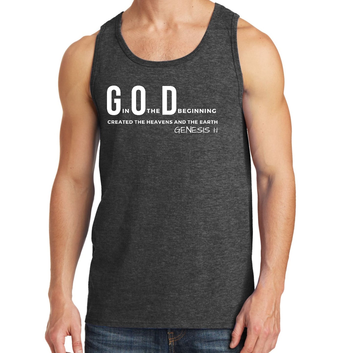 Mens Fitness Tank Top Graphic T-shirt God in the Beginning Print
