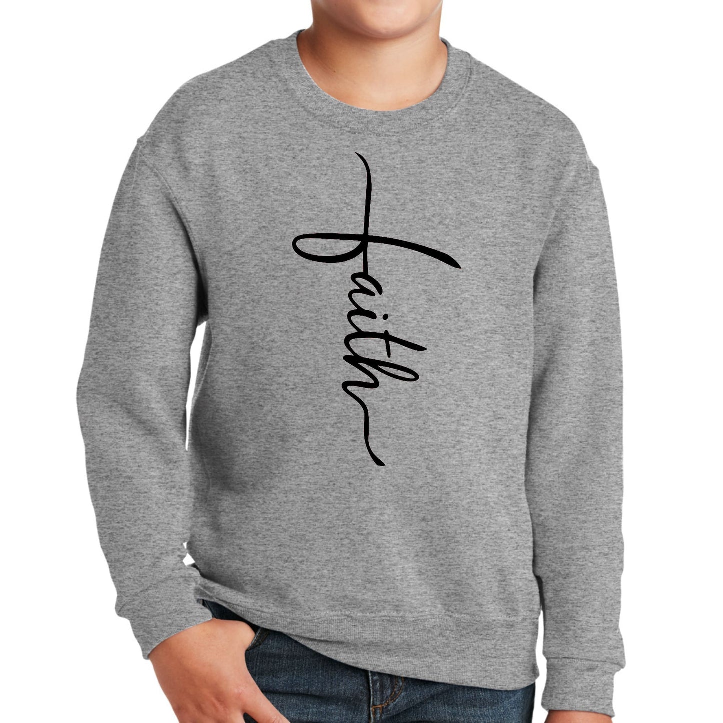Youth Graphic Sweatshirt Faith Script Cross Black Illustration